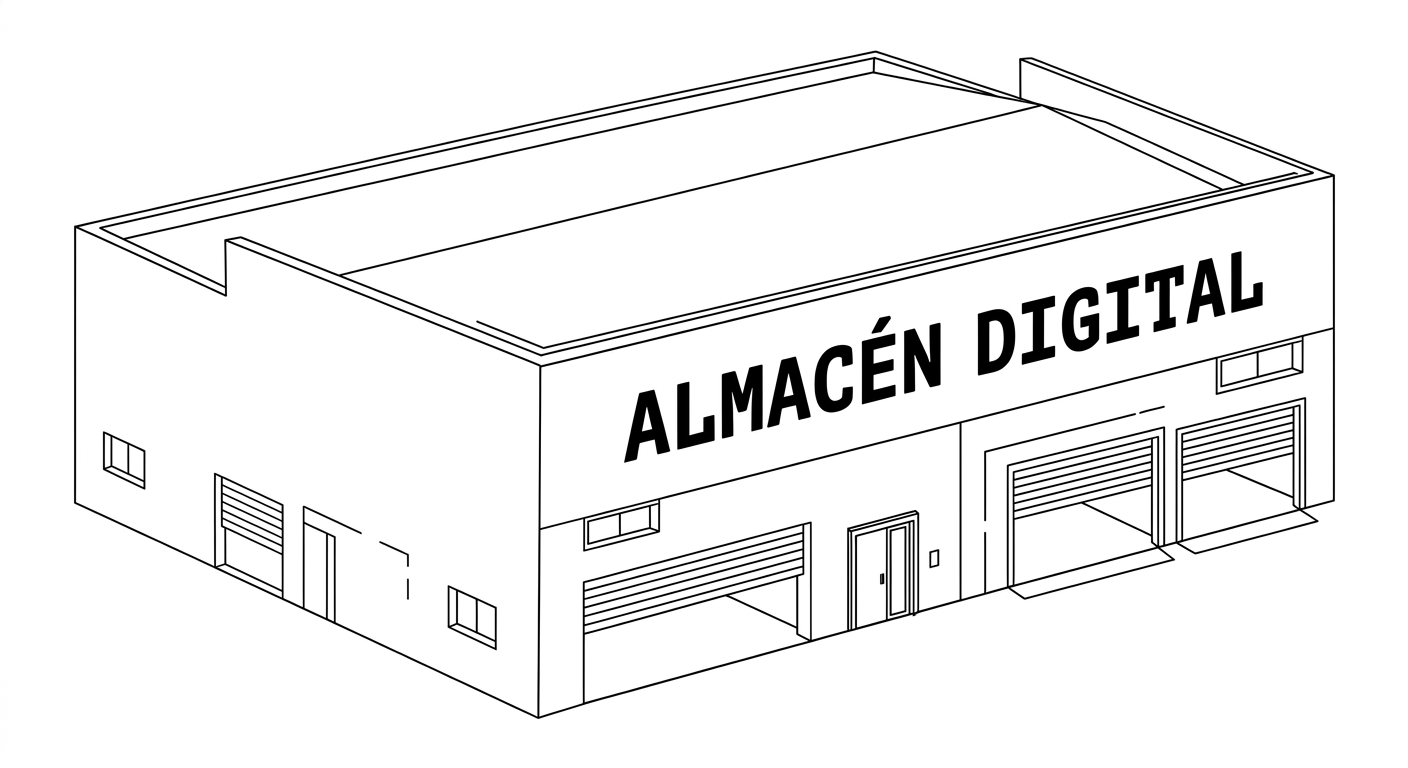El Almacén Digital: vista exterior isométrica de la instalación que introduce la metáfora central del libro
