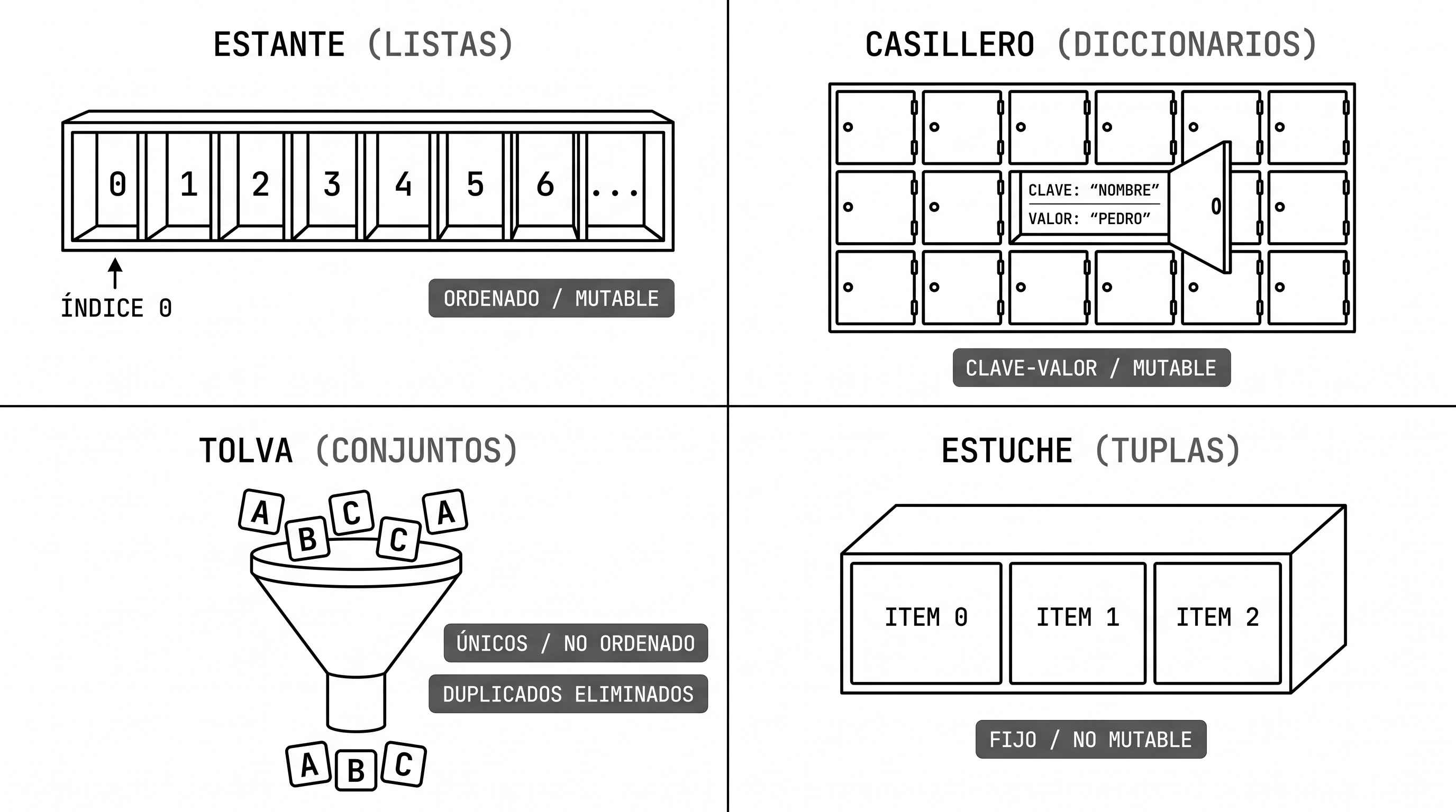 Los cuatro muebles organizadores del almacén: ESTANTE (listas), CASILLERO (diccionarios), TOLVA (conjuntos), ESTUCHE (tuplas)