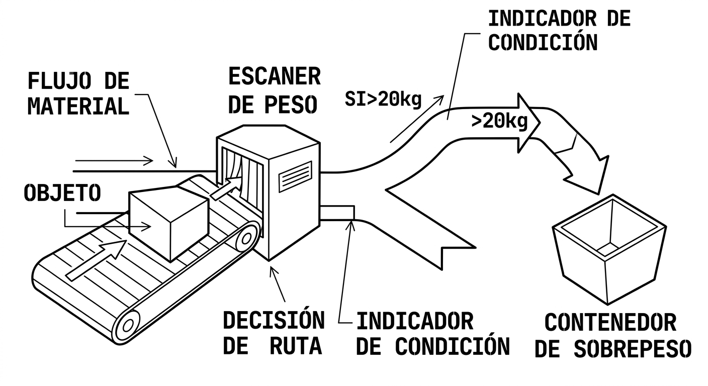 Cinta transportadora con escáner de peso: las cajas ligeras van a la derecha (if), las pesadas a la izquierda (else)