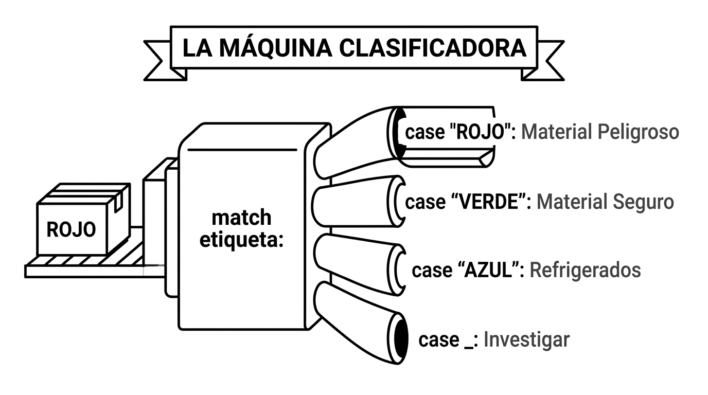 La Máquina Clasificadora: una caja “ROJO” entra a match etiqueta: y sale por el túnel que coincide (case “ROJO”, “VERDE”, “AZUL” o el comodín _)