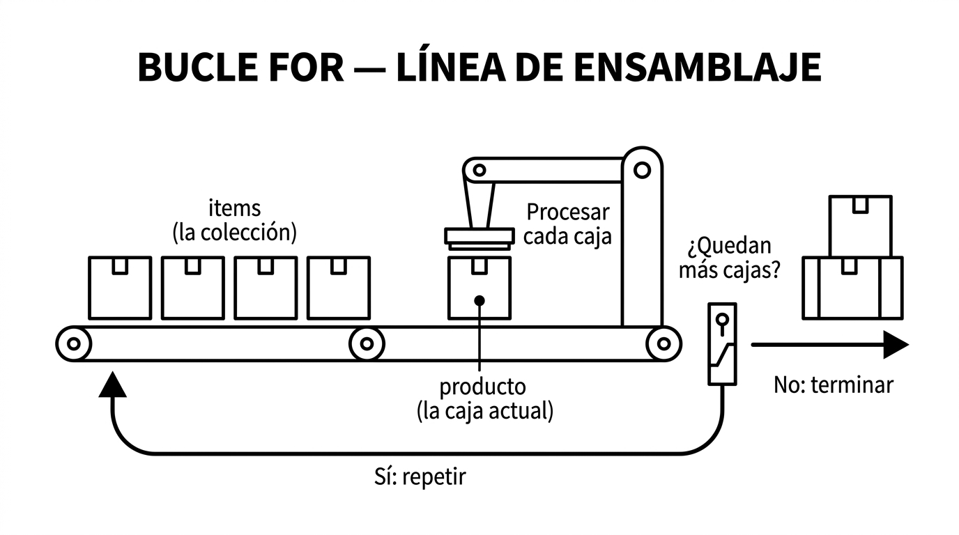 El bucle for como línea de ensamblaje: los items de la colección avanzan por la banda, un brazo procesa cada caja (la caja actual) y el flujo repite mientras queden cajas (Sí: repetir) o termina cuando no quedan (No: terminar)